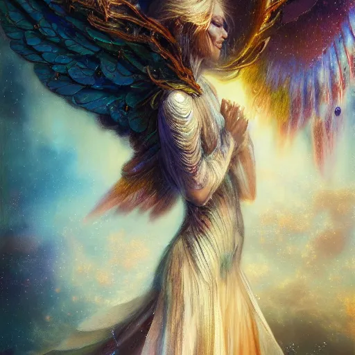 Prompt: UHD hyperrealistic photorealisitc, detailed cosmic robotic angel, with real wings, by Greg Rutkowski and Ayami Kojima, tonalism, rich deep colors masterpiece