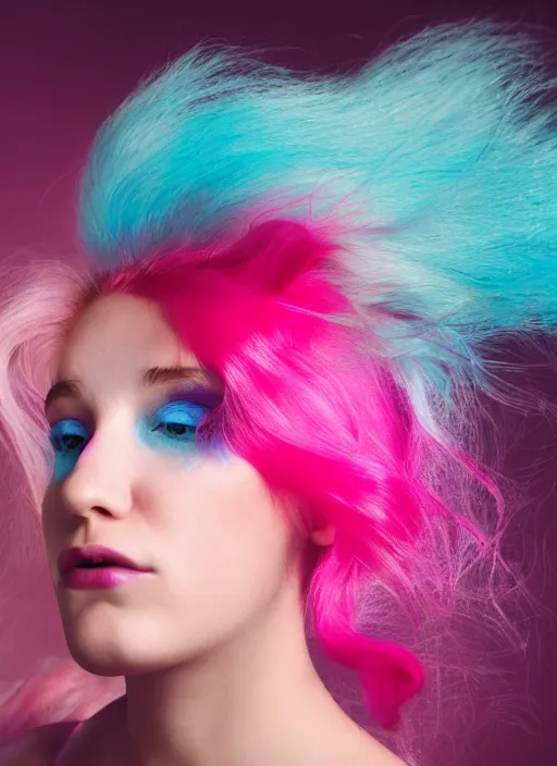 Image similar to a dramatic lighting photo of a beautiful young woman with cotton candy hair. blood splashes with a little bit of cyan and pink