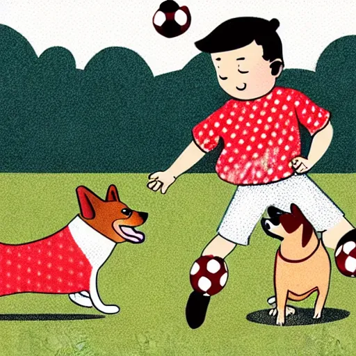 Image similar to illustration of french boy in paris playing football against a corgi, the dog is wearing a polka dot scarf