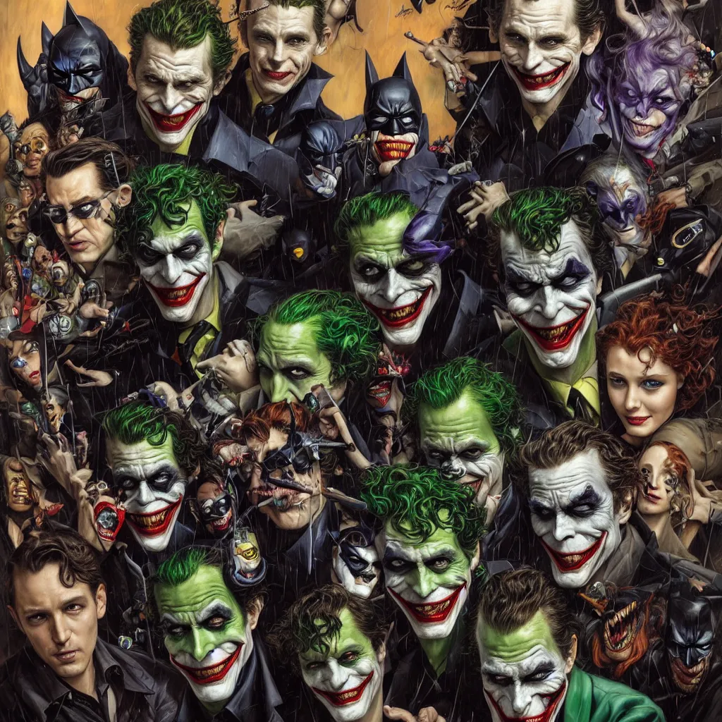 Prompt: a portrait of batman standing with the joker, robin, the riddler, the scarecrow, twoface, and the batmobile by karol bak, james jean, tom bagshaw, rococo, sharp focus, trending on artstation, cinematic lighting, hyper realism, octane render, 8 k, hyper detailed, vivid, ultra detailed, highly detailed