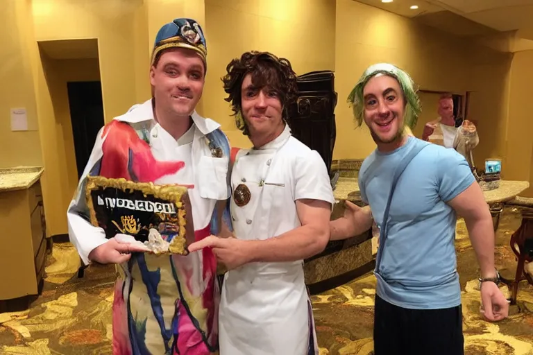 Image similar to i met a cosplayer river aspic cookbook photo n real life when he was finishing up at the Lauderdale and he was mega nice. He was super nice to all the hotel workers and the fans. He even remembered my and Arthis names (from the last time we saw him since we're super fans). He gave both of us big hugs scene from a tv show 55mm