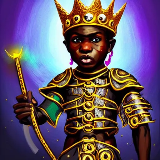 Prompt: a young black boy dressed like an african moorish warrior, with four arms, wearing gold armor and a crown with a ruby, posing with a very ornate glowing electric spear!!!!, for honor character digital illustration portrait design, by android jones in a psychedelic fantasy style, dramatic lighting, hero pose, wide angle dynamic portrait