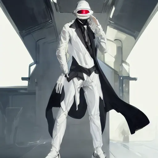 Image similar to full body portrait of a male character in sleek clothes, in a futuristic flowing white tailcoat, wearing a white insectoid mask with five round lenses for eyes, many eyes, dramatic lighting, illustration by Greg rutkowski, yoji shinkawa, 4k, digital art, concept art, trending on artstation