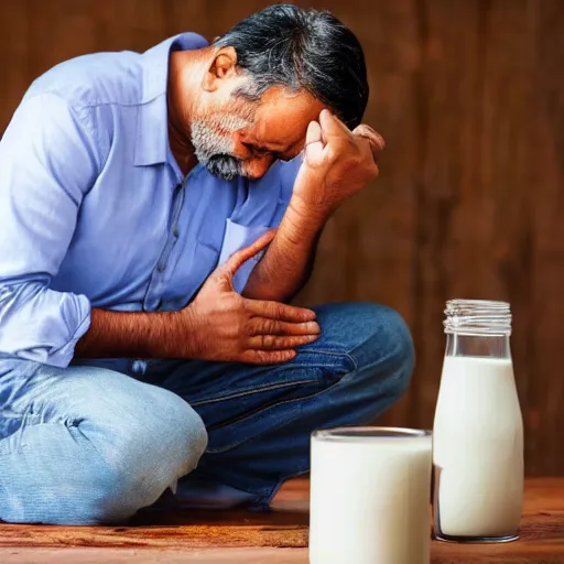 Prompt: Indian dad crying and sitting while looking at spilled milk on his wooden table, photo dslr