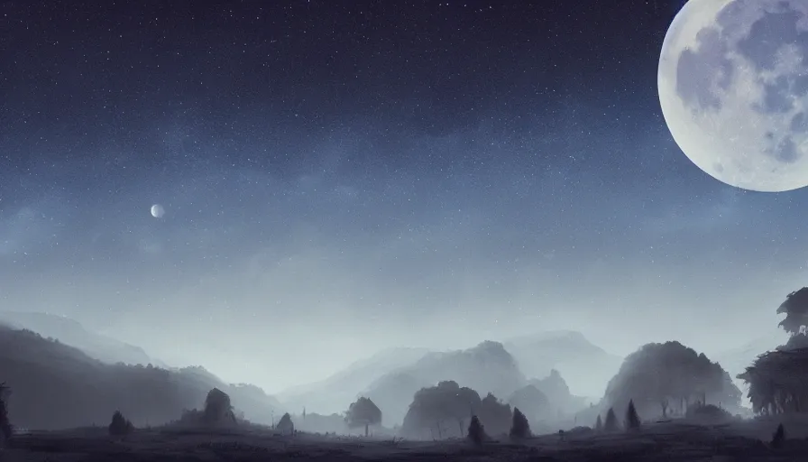 Prompt: a beautiful landscape at dusk, big moon and stars in the sky, matte painting, dark blue tones, concept art, 4k
