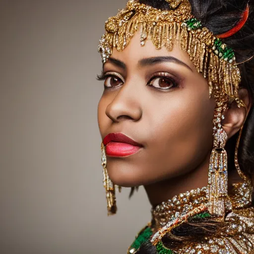 Image similar to close shot portrait of a lavish woman of society, wearing embellished jewelry and attire with woven flourishes, learned gaze in the eyes, bokeh, light from top right, diverse textures