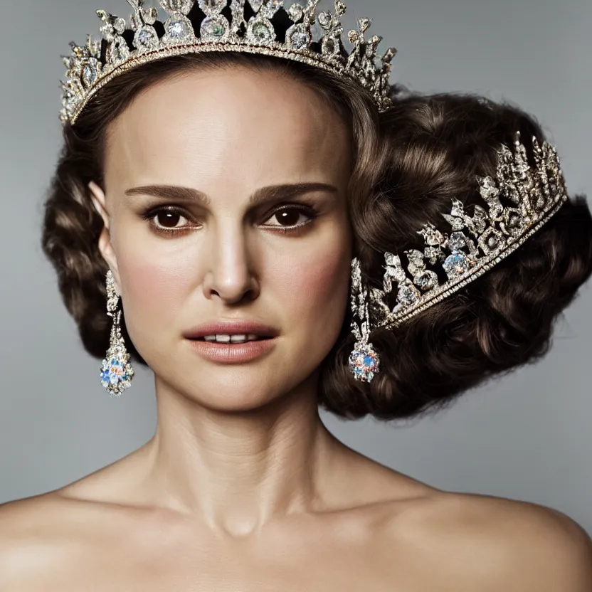 Image similar to natalie portman as the queen of england, big crown adorned with emerald, diamonds, topaz and other jewellaries, sensual, beautiful soft light failling on her face, studio photography, nikon 3 5 mm portrait photography, ultra realistic