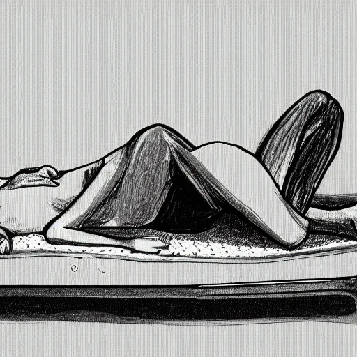 Prompt: sketch of a person who is reclined on a mattress. the person is fully clothed