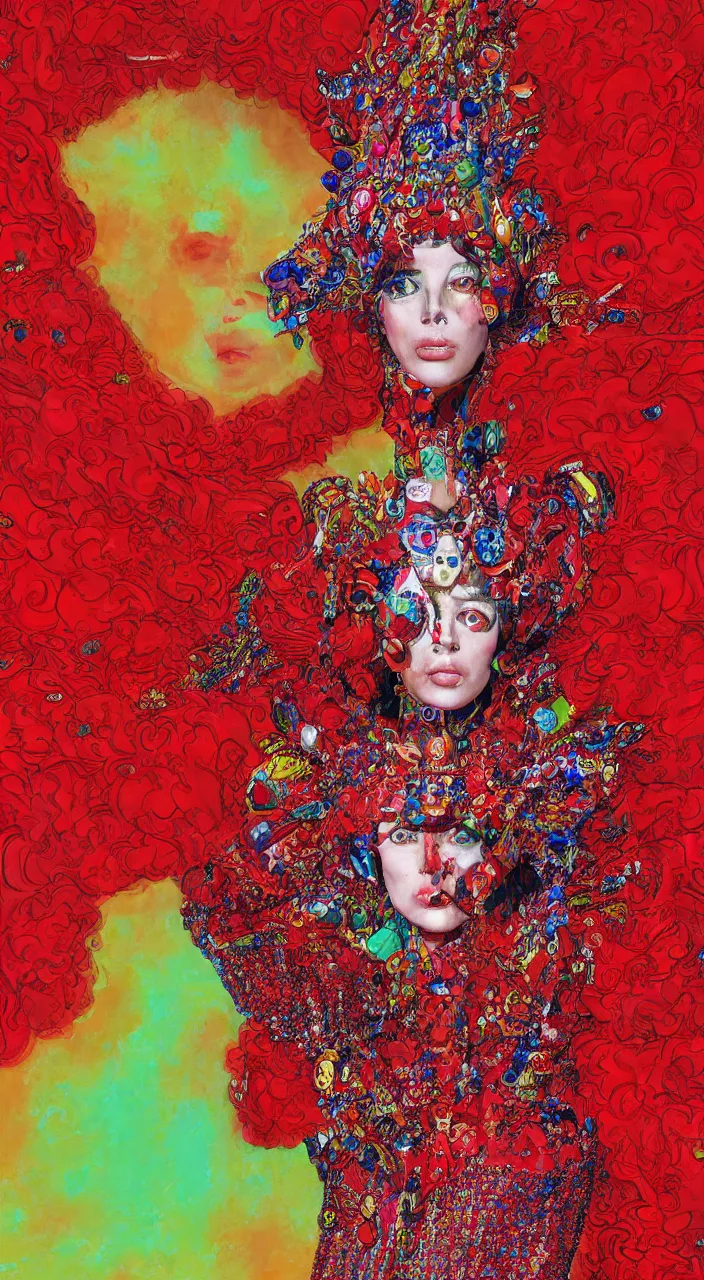 Prompt: a female character design wearing psychedelic high fashion, a red sequined bodysuit, an alexander mcqueen headdress, costume by eiko ishioka, haute couture, dior, and a red cape by moebius, steven outram, colorful and psychedelic, hd, 8 k, artstation