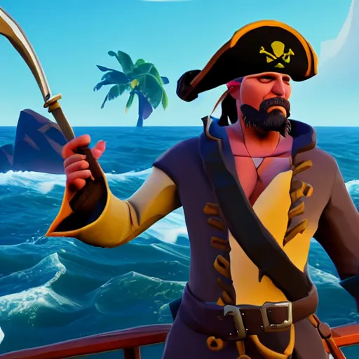 Image similar to a pirate sharpening his sword in sea of thieves, 8 k