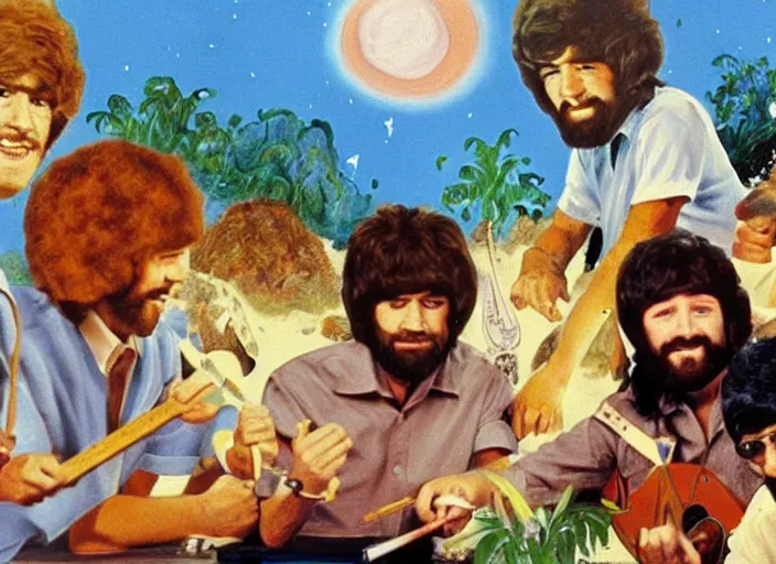 Image similar to bob ross painting a scene of the beatles and the beach boys having a battle of the bands in hades