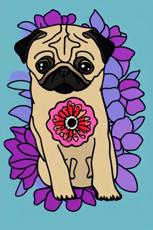 Image similar to pug eating flower. art by samantha mash, sticker, colorful, illustration, highly detailed, simple, smooth and clean vector curves, no jagged lines, vector art, smooth