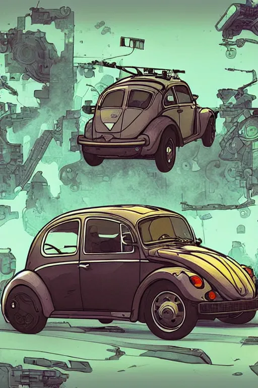 Image similar to Type 1 Beetle car designed by Aplle that looks like it is from Borderlands and by Feng Zhu and Loish and Laurie Greasley, Victo Ngai, Andreas Rocha, John Harris