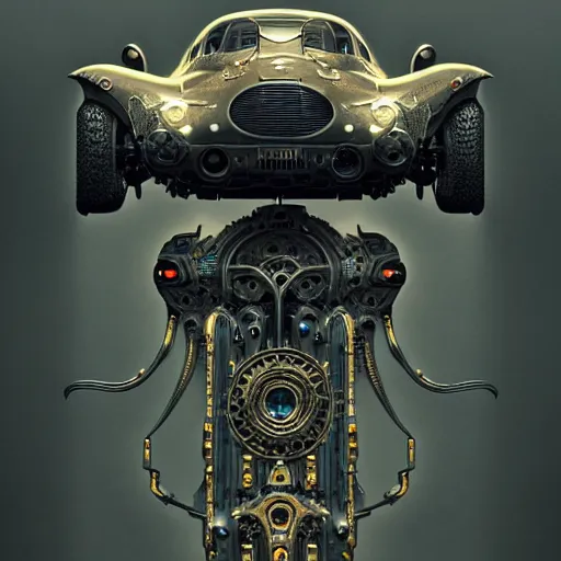 Image similar to cyborg vintage supercar slick : by michal karcz, daniel merriam, victo ngai and guillermo del toro : ornate, dynamic, particulate, intricate, elegant, highly detailed, centered, artstation, smooth, sharp focus, octane render