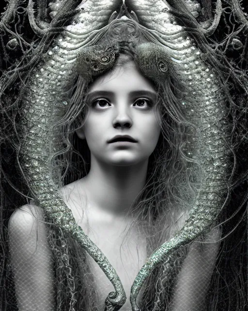 Image similar to surreal mythical dreamy underwater artistic bw photo of a beautiful young female angelic - medusa - cyborg covered with fish scales and algae, highly detailed, intricate crystal ivy jelly fish scales ornate, poetic, octane render, 8 k, photo - realistic, in the style of gustave dore and preraphaelites