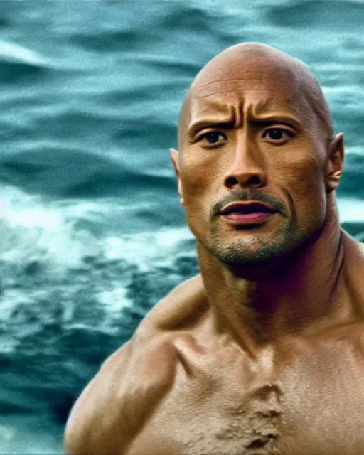 Prompt: film still close up shot of dwayne johnson in the movie jaws. photographic, photography