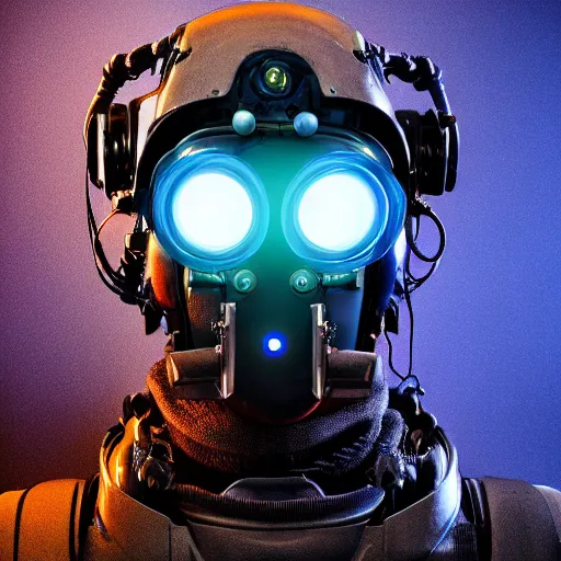 Prompt: portrait of a futuristic intricate robot, intricate malfunctioning circuits, blue glowing eyes, wearing a wwii combat flight mask and goggles