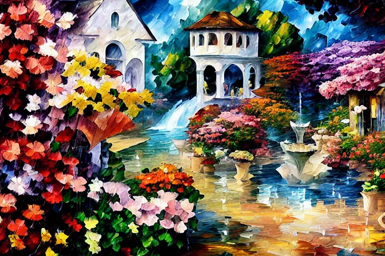 Image similar to flowers and fountains in valley village by arthur adams, charlie bowater, leonid afremov, chiho ashima, karol bak, david bates, tom chambers