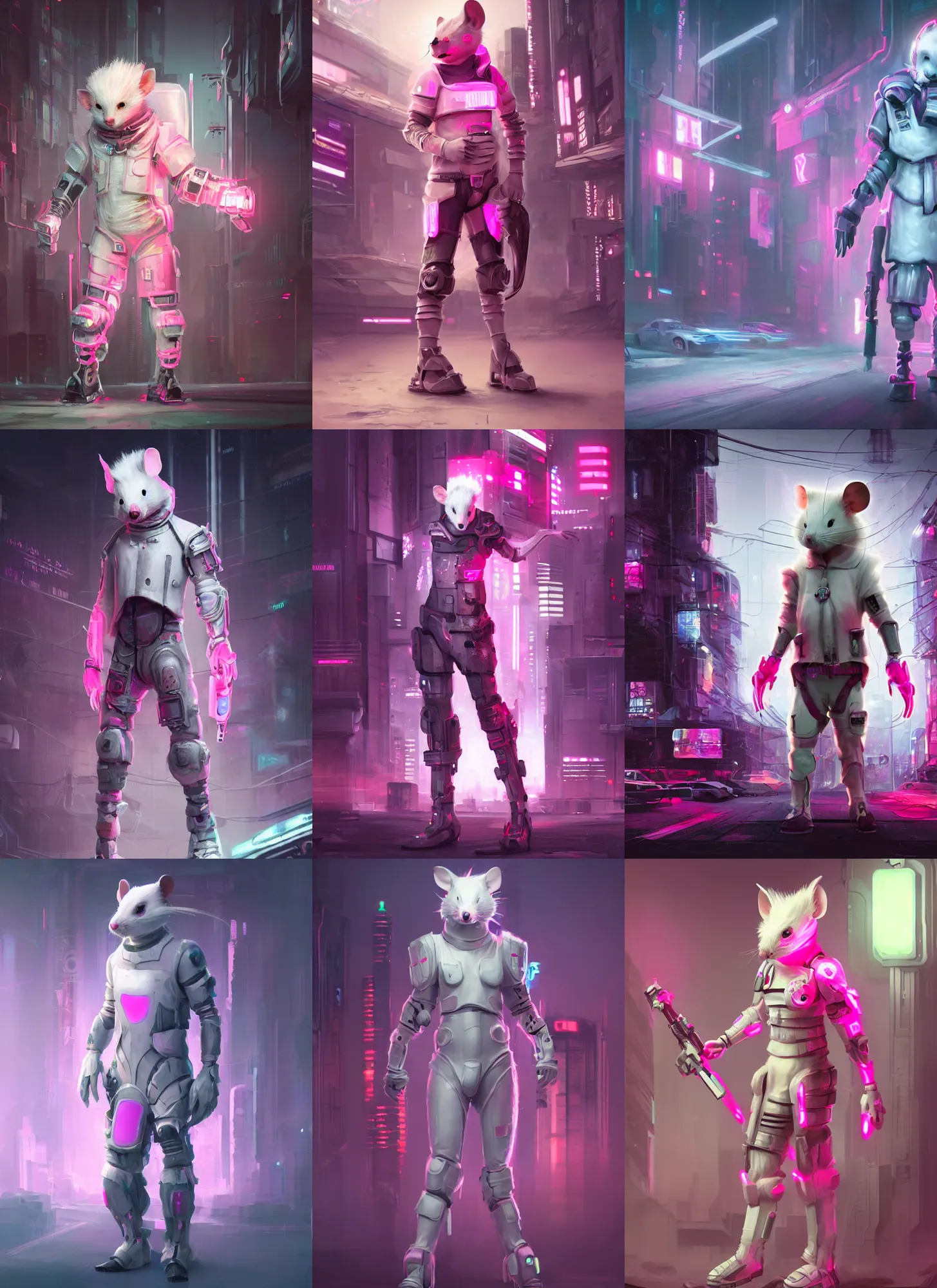 Prompt: full body character of an antropomorphic white haired mouse technomage in light cyberpunk armor, high detail, scifi, cyberpunk style, soft studio lighting, digital painting, concept art, octane render, neon cyberpink slums in the background