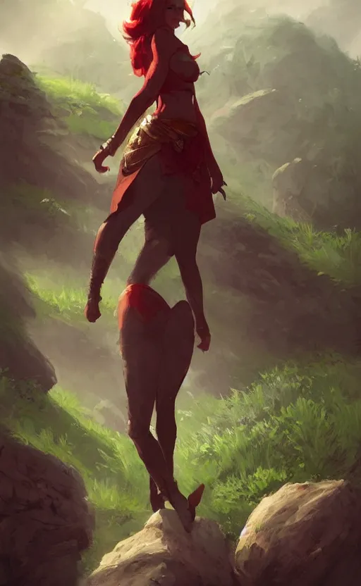 Image similar to a beautiful illustration of a woman with red hood walking between rocks, by greg rutkowski, digital artwork, artstation, cgartists, conceptartworld, deviantart, magic the gathering artstyle, floating magical rocks, lush green meadow