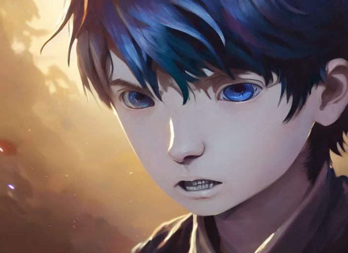 Image similar to highly detailed portrait of a boy with thunder powers, in tokyo ghoul, stephen bliss, 8 k, unreal engine, fantasy art by greg rutkowski, loish, rhads, ferdinand knab, makoto shinkai and lois van baarle, ilya kuvshinov, rossdraws, tom bagshaw, global illumination, radiant light, detailed and intricate environment