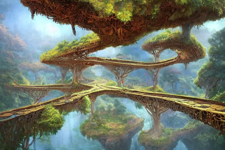 Prompt: one point perspective fantasy treetop village bridge view by artgerm and Craig Mullins, James Jean, Andrey Ryabovichev, Mark Simonetti and Peter Morbacher 16k