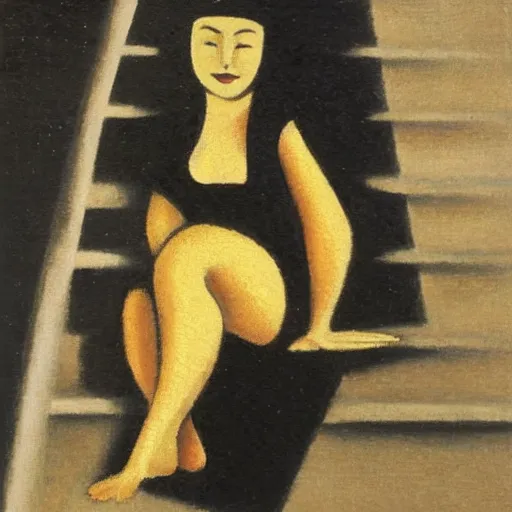 Image similar to an asian woman sitting on stairs, dark background, oil painting in style of Jean Metzinger