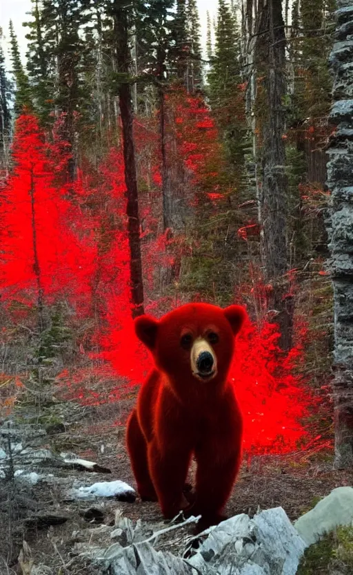 Prompt: real life photo of a red glowing bear in the canadian wilderness,