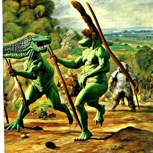 Prompt: A green scaly dinosaur!!! fighting with several realistic detailed cavemen with proportioned bodies armed with spears, the cavemen are wearing animal furs, coarse canvas, visible brushstrokes, intricate, extremely detailed painting by John Constable