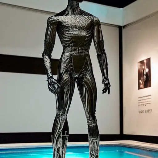 Prompt: made of ice, a realistic detailed photo of a guy who is an attractive humanoid who is half robot and half humanoid, who is a male android, on display, blank stare, showing off his muscles, shiny skin, posing like a statue, by the pool, frozen ice statue, f 1 driver charles leclerc, humanoid robot