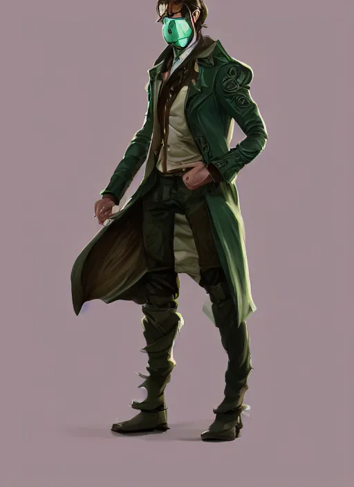 Image similar to a highly detailed illustration of thick wavy brown haired young white guy wearing brown detective trench coat and wearing dark green mask, with many long mechanical arms on his back, dramatic standing pose, intricate, elegant, highly detailed, centered, digital painting, artstation, concept art, smooth, sharp focus, league of legends concept art, WLOP