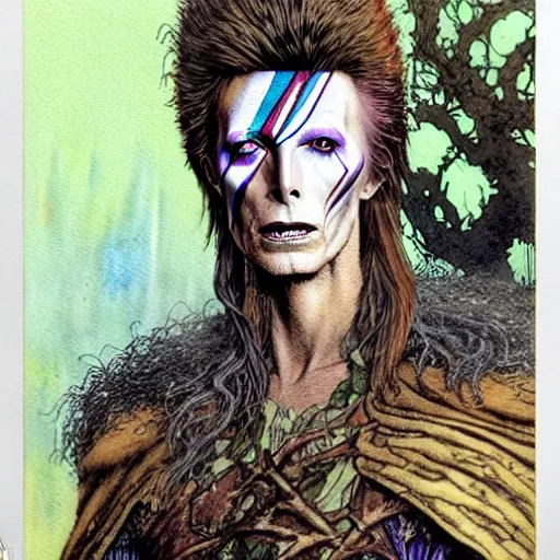 Image similar to a realistic and atmospheric watercolour fantasy character concept art portrait of david bowie as a druidic warrior wizard looking at the camera with an intelligent gaze by rebecca guay, michael kaluta, charles vess and jean moebius giraud