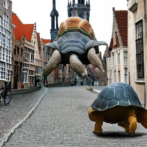 Image similar to A still of a little girl riding on top of a giant tortoise through the streets of Bruges, from the Miyazaki anime movie