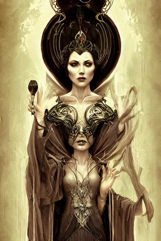 Image similar to tarot card, high priestess, Art nouveau, by bastien deharme, trending on artstation, Brom