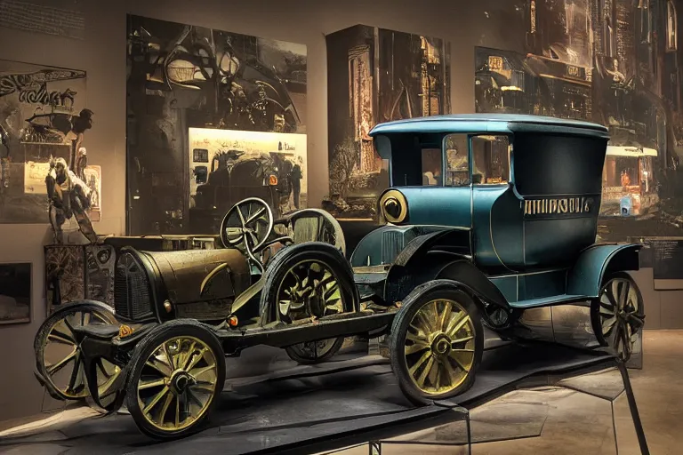 Prompt: cyberpunk 1 9 0 8 model ford t, volumetric lighting, in a museum, museum exhibit, museum lighting, 9 0 s film photo