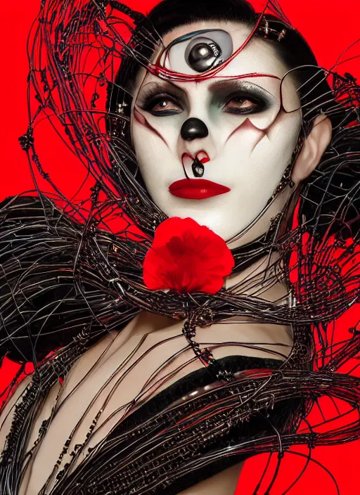 Image similar to a close up portrait of a woman with dark eye - shadow and red lips with dark slicked back hair, a mask made of wire and beads, dreaming acid - fueled hallucinations, psychedelic by serge lutens, rolf armstrong, delphin enjolras, peter elson, red cloth background, frilled blooming collar