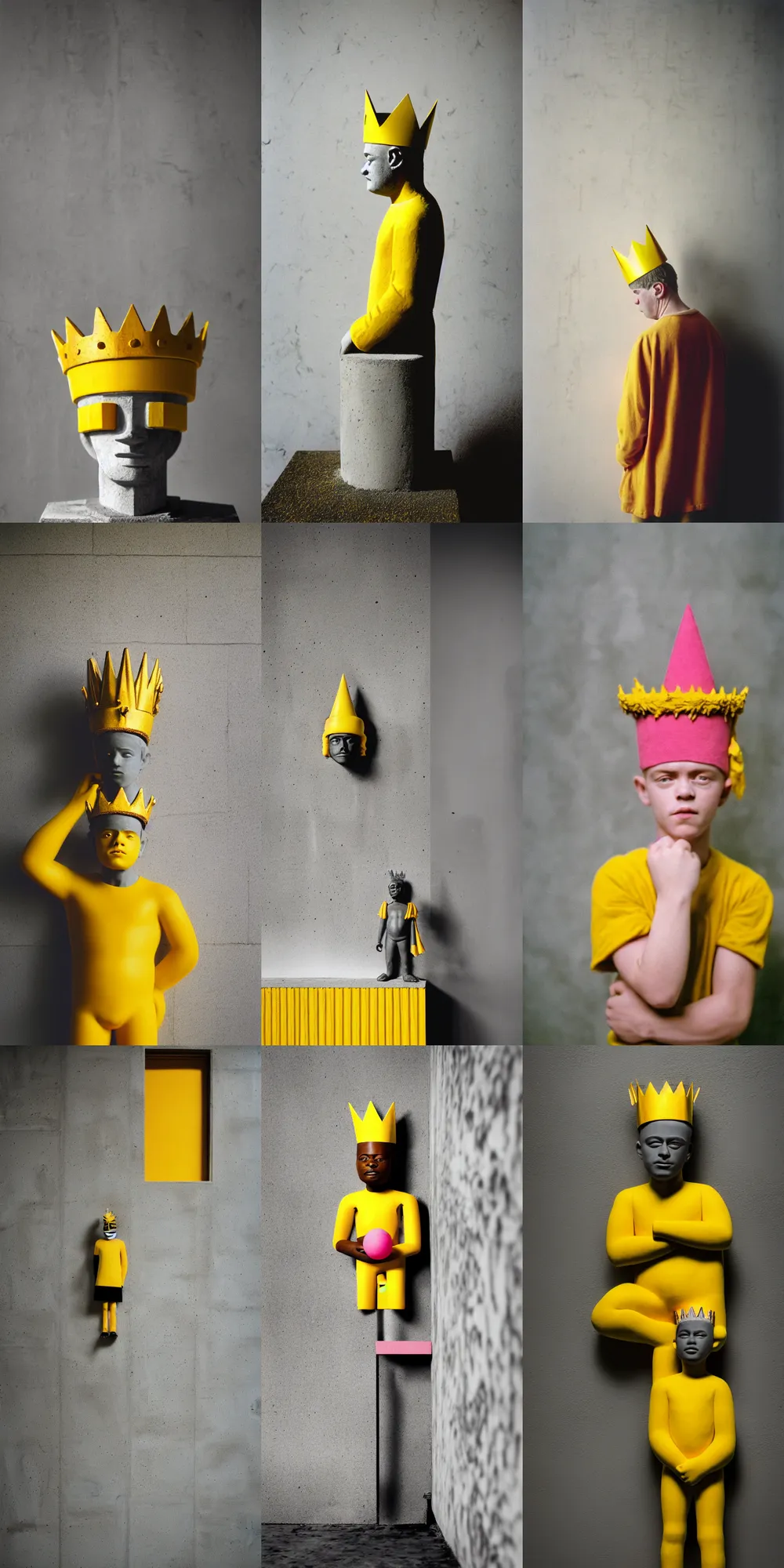 Image similar to kodak portra 4 0 0, 8 k, shot of a highly detailed, britt marling style, colour still - life portrait of a large minimalistic room, rough concrete walls, the wooden statue of a yellow black striped little man with pink crown on his head