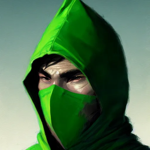 Image similar to portrait of a chad programmer with green hood by greg rutkowski, 4 k, close up