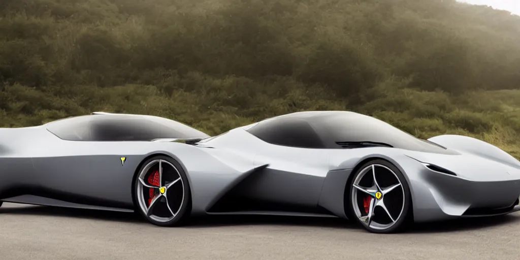 Image similar to a electric sport car designed by ferrari, outdoor magazine, ambient light, fog