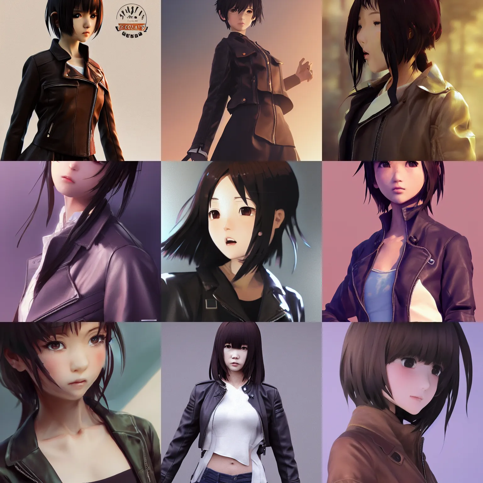 Image similar to clothed, worksafe. cgsociety, by wlop, ilya kuvshinov, krenz cushart, greg rutkowski, trending on artstation. zbrush sculpt, octane, maya, houdini, vfx. close - up face of a cute anime japanese filipino girl wearing leather jacket. cinematic dramatic atmosphere, sharp focus, volumetric lighting.