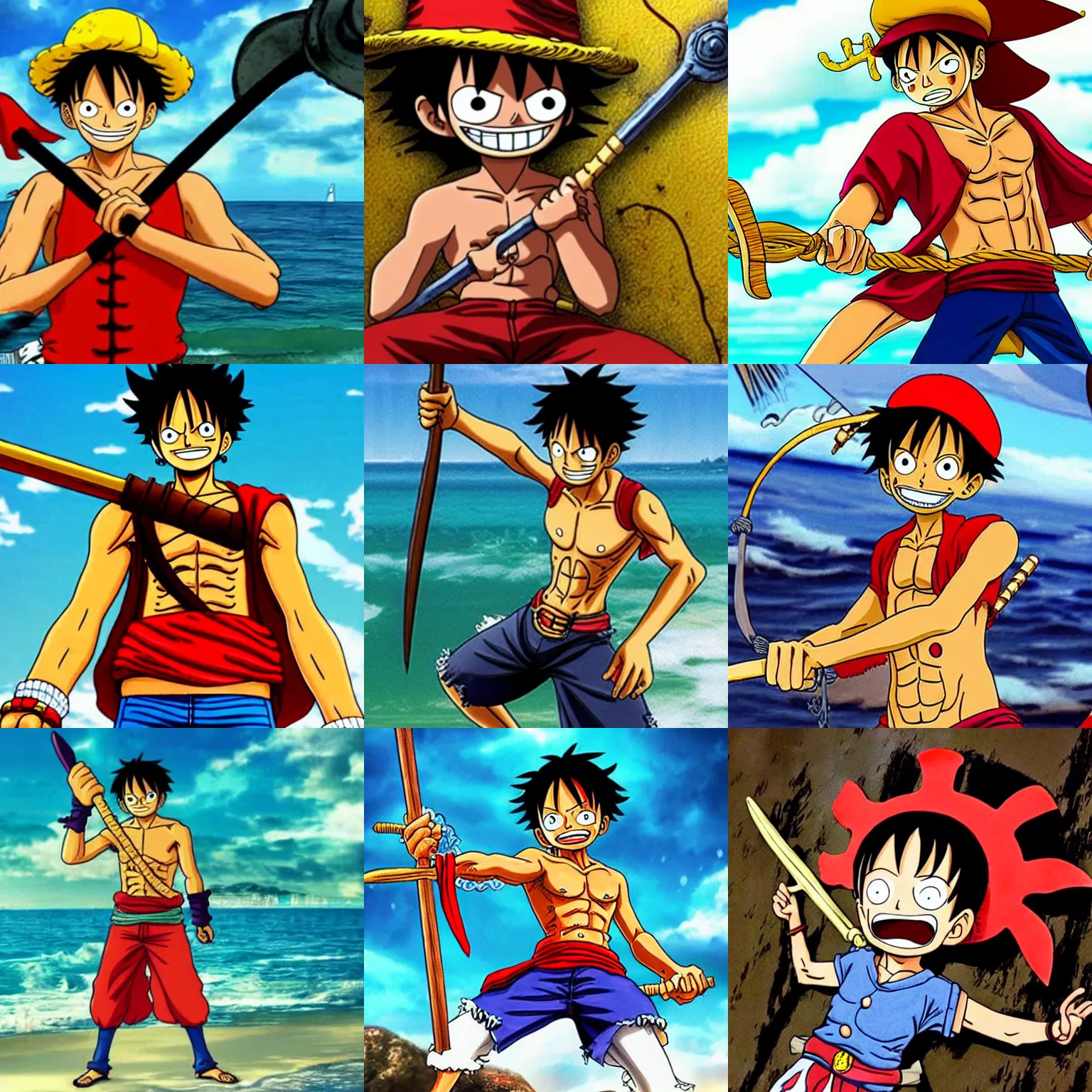 Prompt: luffy holding a trident as sea king
