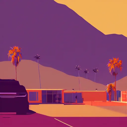 Image similar to a beautiful illustration of palm springs by James gilleard, color olive, color tangerine, artstation HD, geometric lines, HD, 4k, 8k
