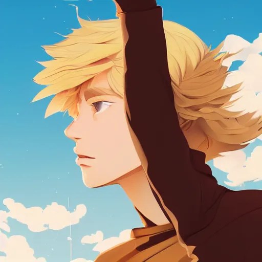 Prompt: blonde boy wearing a brown cape and flying in t pose, yellow eyes, clean cel shaded vector art. shutterstock. behance hd by lois van baarle, artgem, helen huang, by makoto shinkai and ilya kuvshinov, rossdraws, illustration