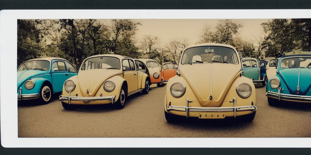 Prompt: polaroid photo of volkswagen beetles, vintage colors, slight color bleed