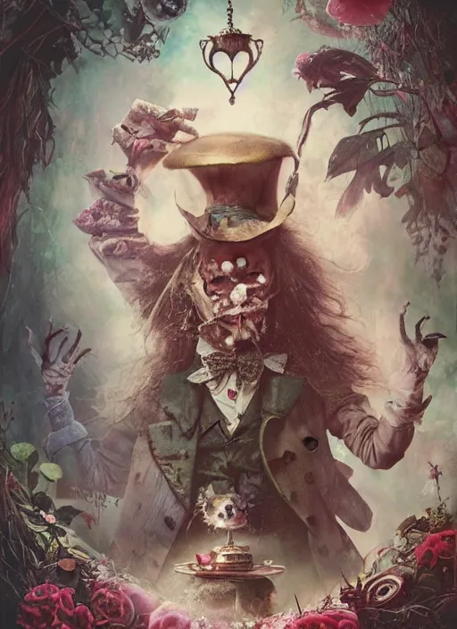 Prompt: Alice in Wonderland Mad Hatter Death Tarot card,highly detailed,cinematic,8k,by Stanley Artgermm,Tom Bagshaw,Greg Rutkowski,Carne Griffiths, Ayami Kojima, Beksinski, Giger,trending on DeviantArt,hyper detailed,horror, full of colour