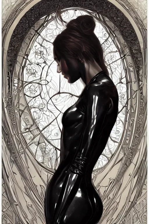 Prompt: beautiful pale gothic girl in black latex intricate, symmetrical front, elegant, highly detailed, digital painting, artstation, concept art, smooth, sharp focus, illustration, art by artgerm and greg rutkowski and alphonse mucha
