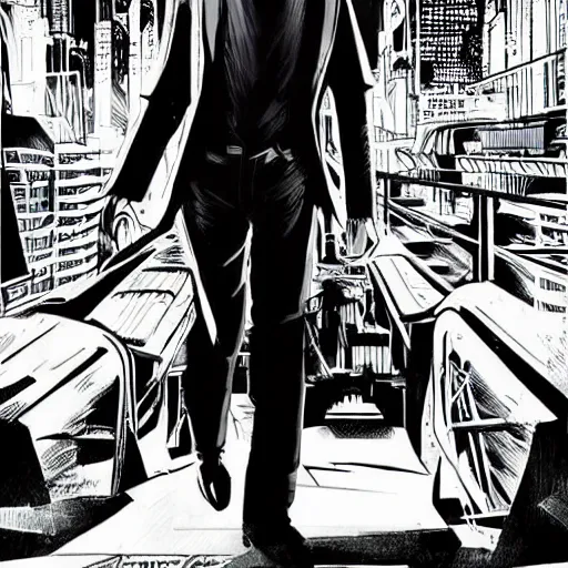 Image similar to a cyberpunk young mafia boss with slicked back hair, in a cyberpunk setting, comic book art, cyberpunk, art by stan lee, pen drawing, inked, colorful, bright high tech lights, dark, moody, dramatic, deep shadows, marvel comics, dc comics