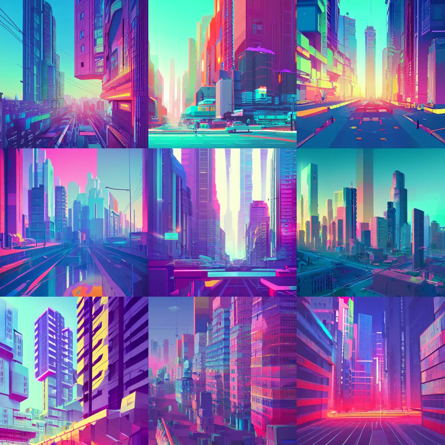 Prompt: digital illustration of cityscape, vibrant color scheme, by beeple and makoto shinkai