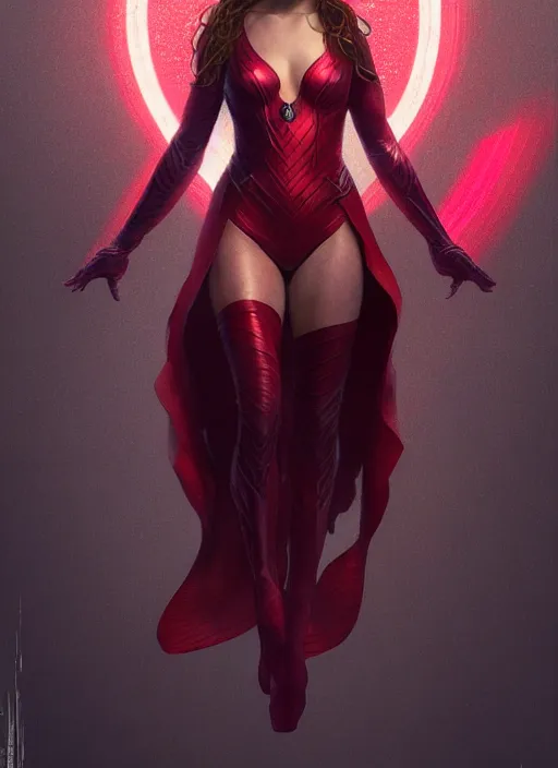 Image similar to Scarlet Witch, full body portrait, hyper detailed, digital art, trending in artstation, cinematic lighting, studio quality, smooth render, unreal engine 5 rendered, octane rendered, illustration, art style by klimt and nixeu and ian sprigger and wlop and krenz cushart
