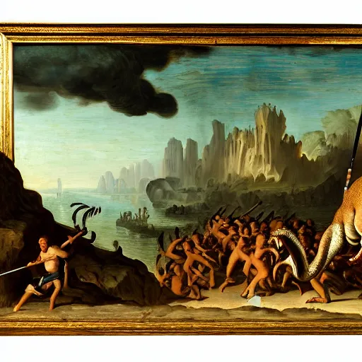 Image similar to A painting of a dinosaur fighting with several cavemen armed with spears, coarse canvas, visible brushstrokes, intricate, extremely detailed painting by Jan van Goyen